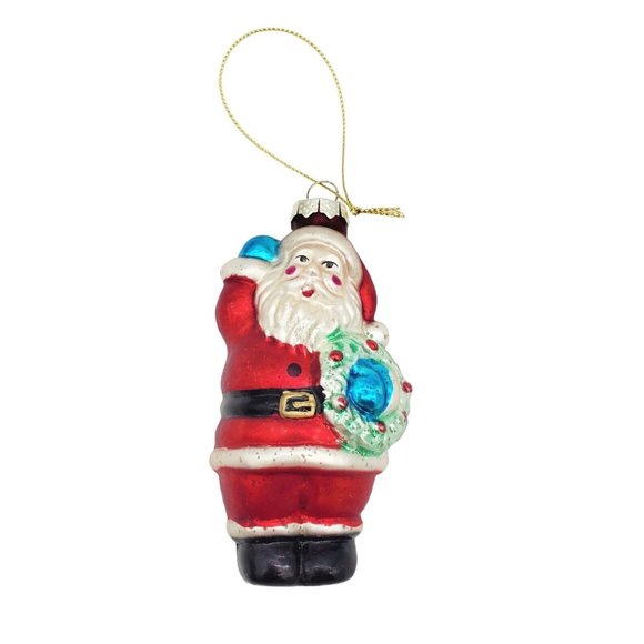 Vintage Santa Holding A Wreath Blown Glass Christmas Tree Ornament 3 1/2"‎ Tall - Picture 1 of 5